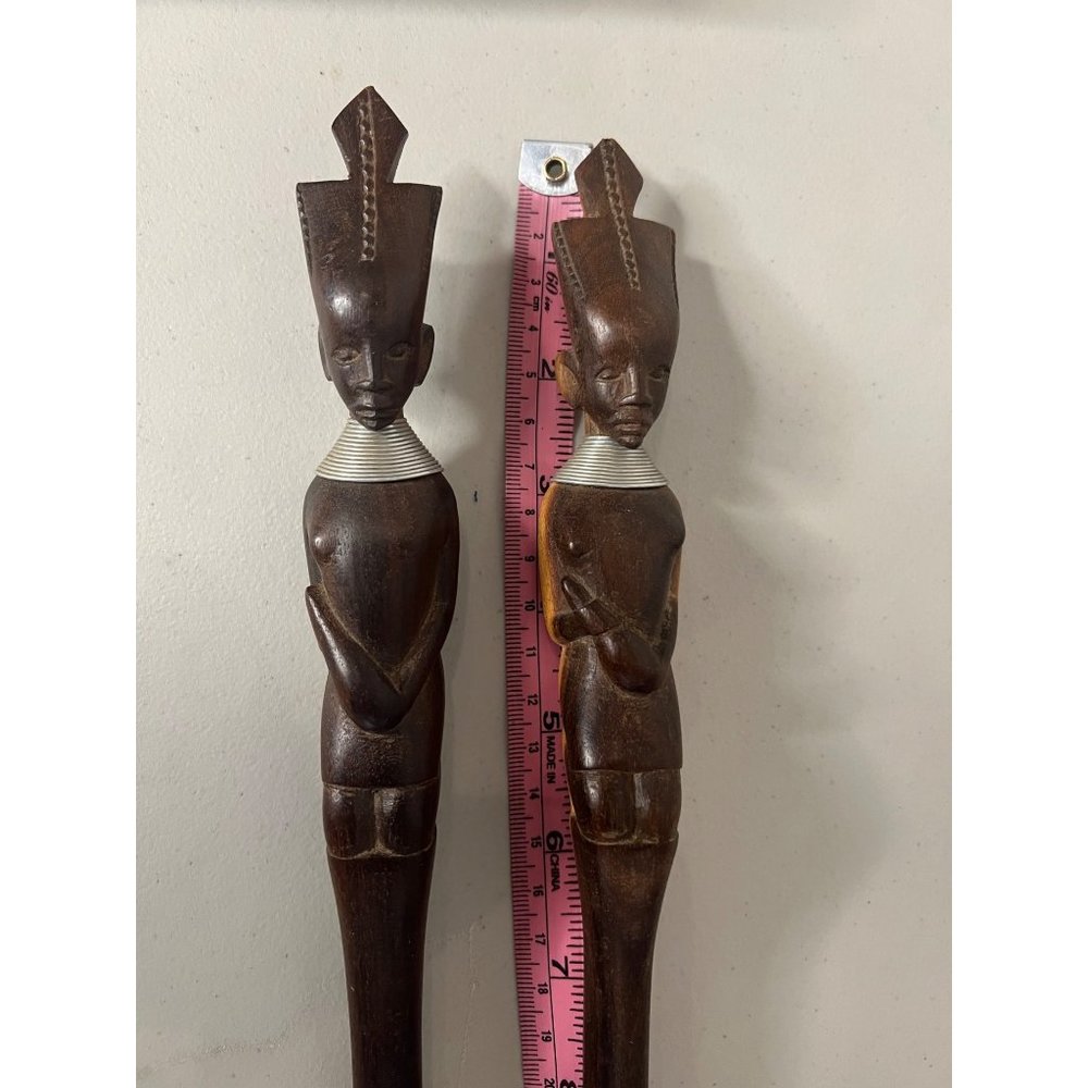 VINTAGE African Folk Art Fork and Spoon Hand Carved Wood Salad Set - Picture 2 of 10
